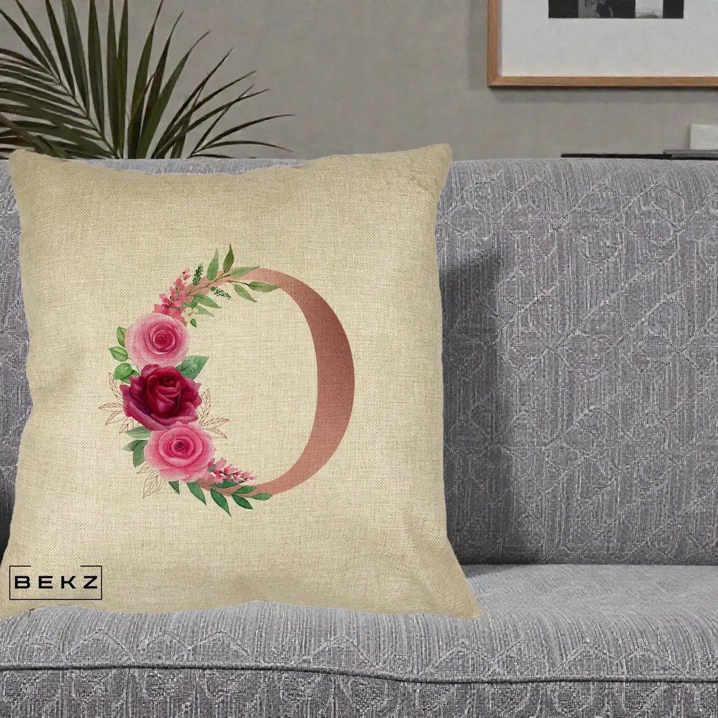 Cadou Personalizat - Perna Personalizata Monograma Rose Gold Litera O, 40x40 cm, Crem, Husa Detasabila, Perna Inclusa, BEKZ®