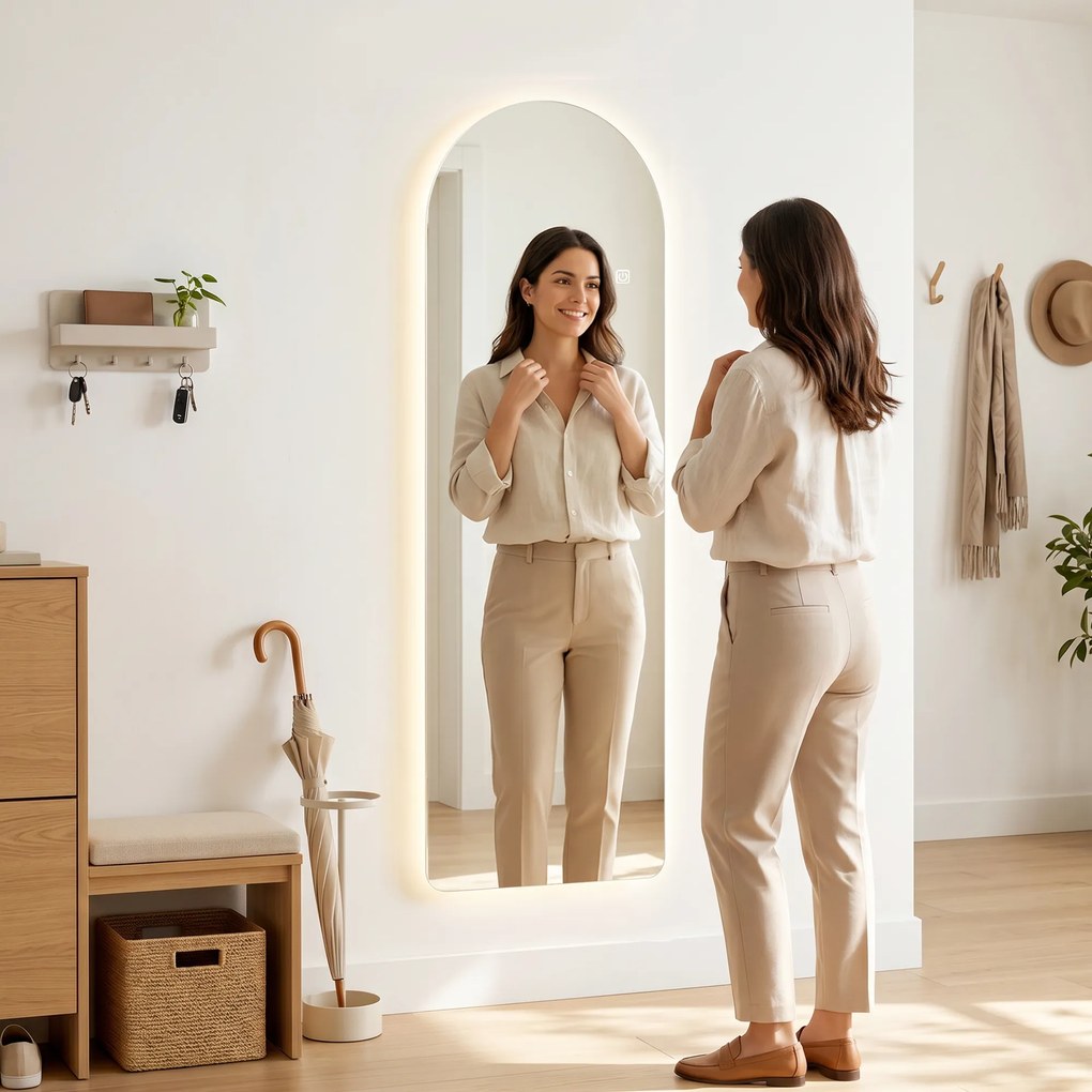 HOMCOM Oglindă de Perete în Formă de Arc cu Iluminare LED, Control Tactil și Sticlă Călită, 40x3x120 cm, Transparentă | Aosom Romania