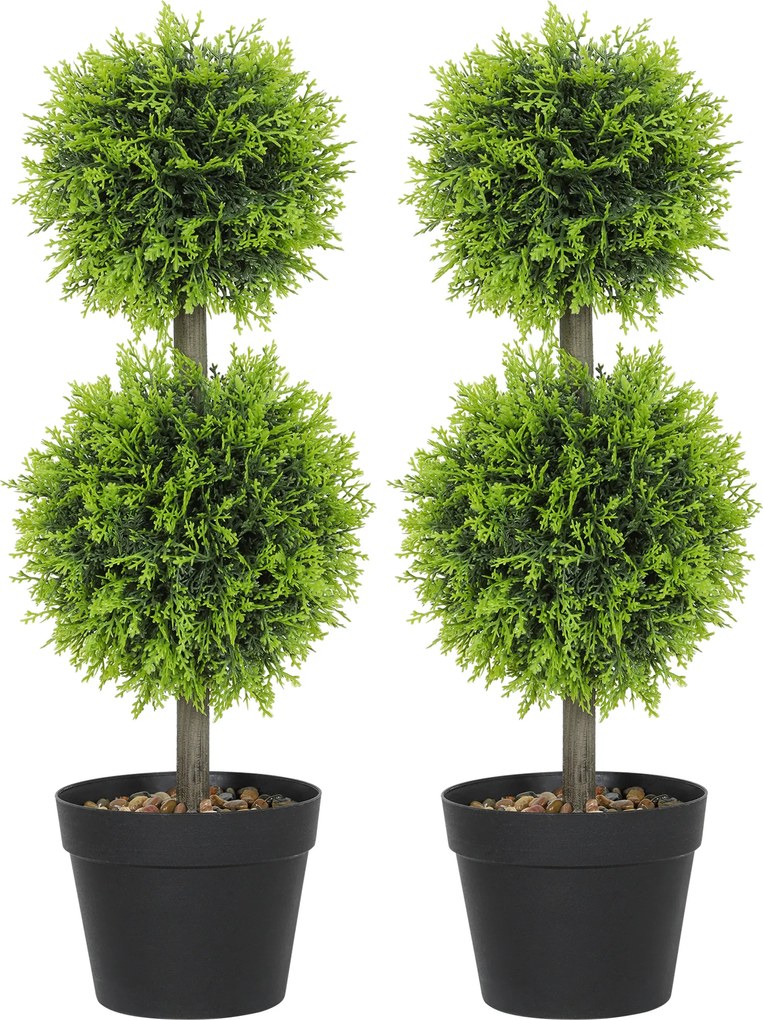 HOMCOM Set de 2 plante artificiale decorative, bile de buxus 60 cm cu ghiveci, plastic, verde | Aosom Romania