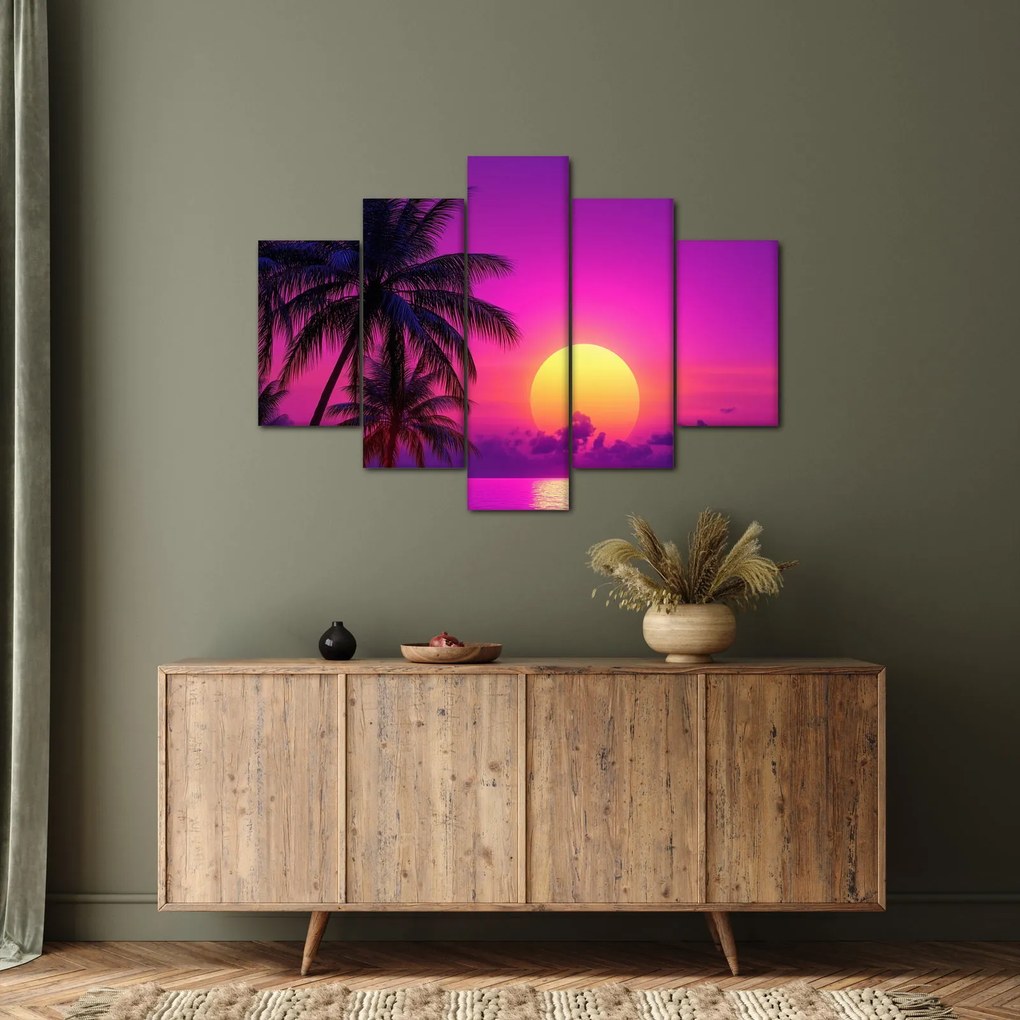 Tablou - Apus violet cu palmier (150x105 cm)