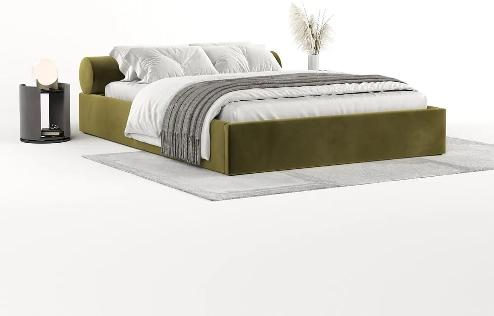 Pat matrimonial verde închis tapițat cu spațiu de depozitare cu somieră 160x200 cm Solvo – Maison de Rêve