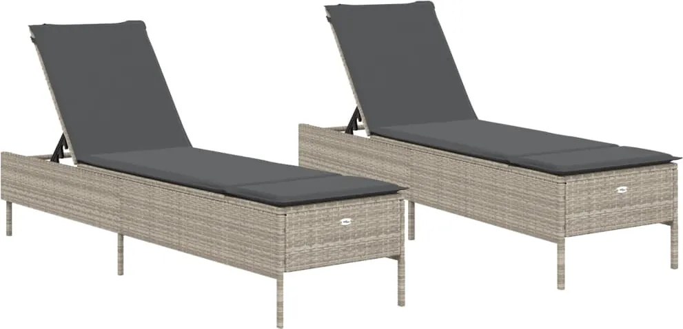 vidaXL Șezlonguri de plajă cu perne, 2 buc., gri deschis, poliratan