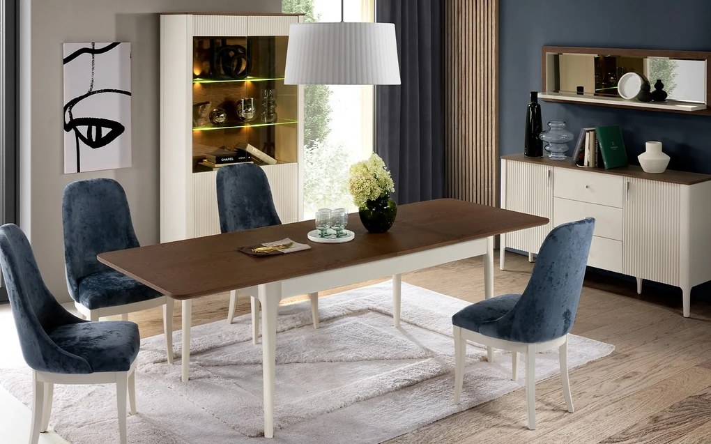 Masă lemn masiv nuc Dining Extensibilă Napoli 160/ Crem/, 250 × 90 × 77 cm