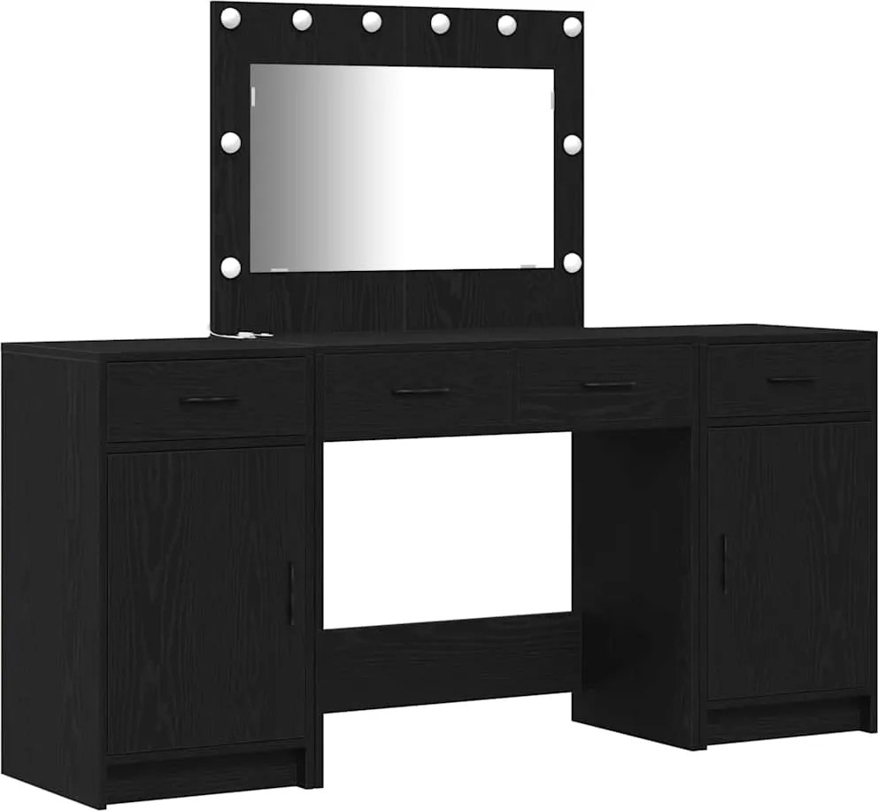 vidaXL Masă de Machiaj cu lumini de oglindă 3 pcs Negru Lemn compozit