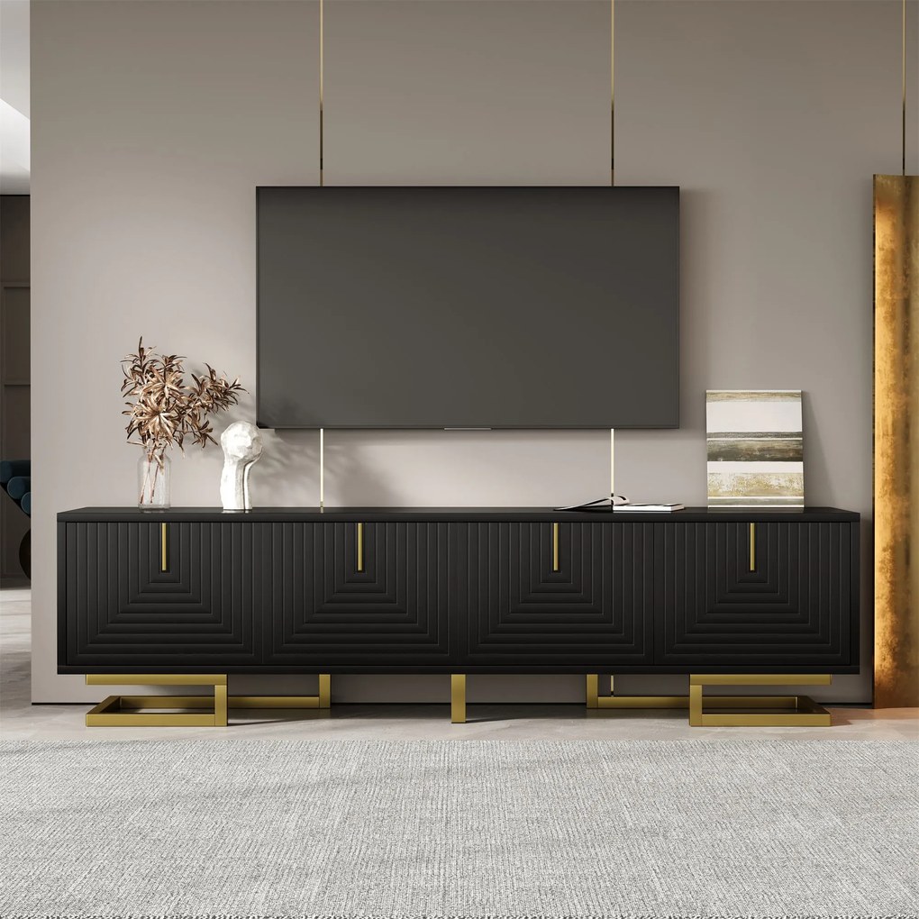 Comodă TV, mânere și picioare aurii, picioare reglabile, 160x38x44,5 cm, Negru