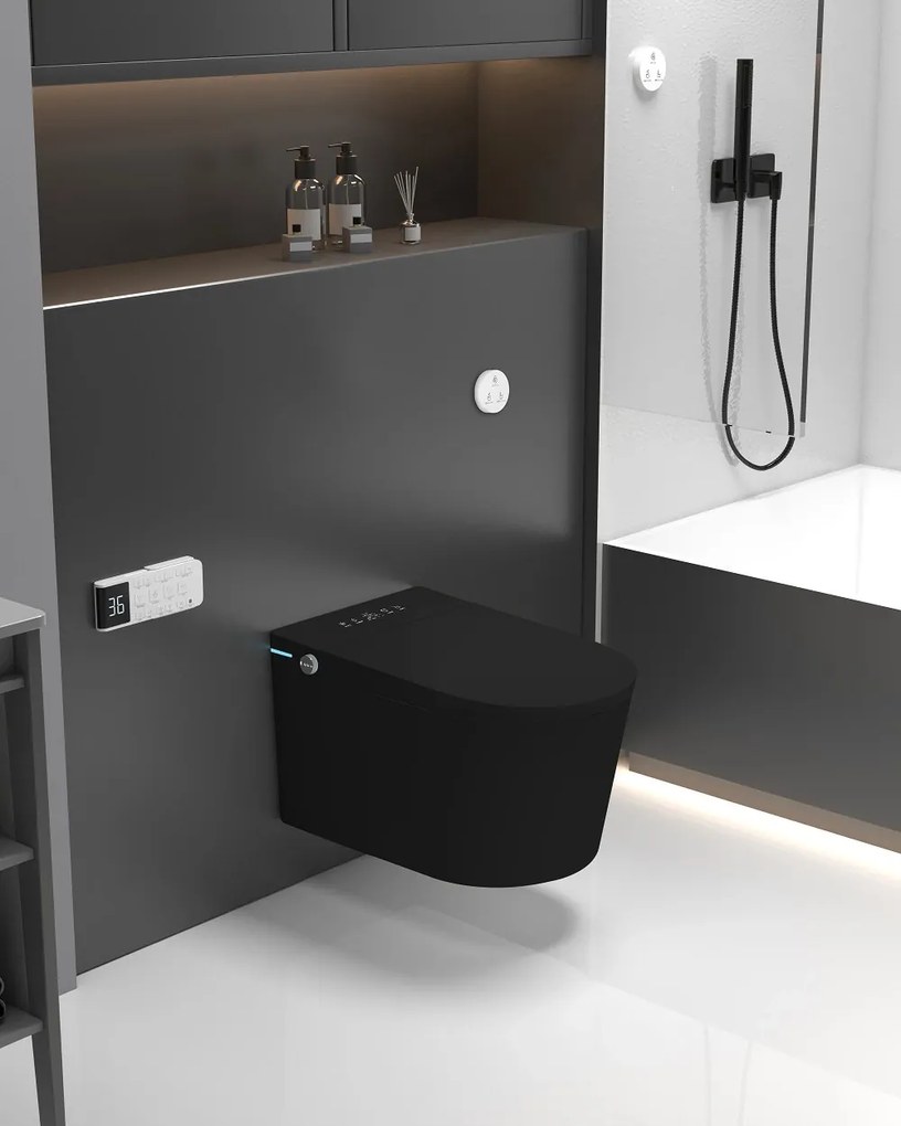 Smart WC 302 – Vas de Toaletă Inteligent cu Bideu, Sterilizare UV, Deschidere/Închidere automată, Senzor picior, Control inteligent al Temperaturii, Uscare aer cald, Iluminare de noapte, Afișaj LED, Telecomandă, Ceramică, Negru