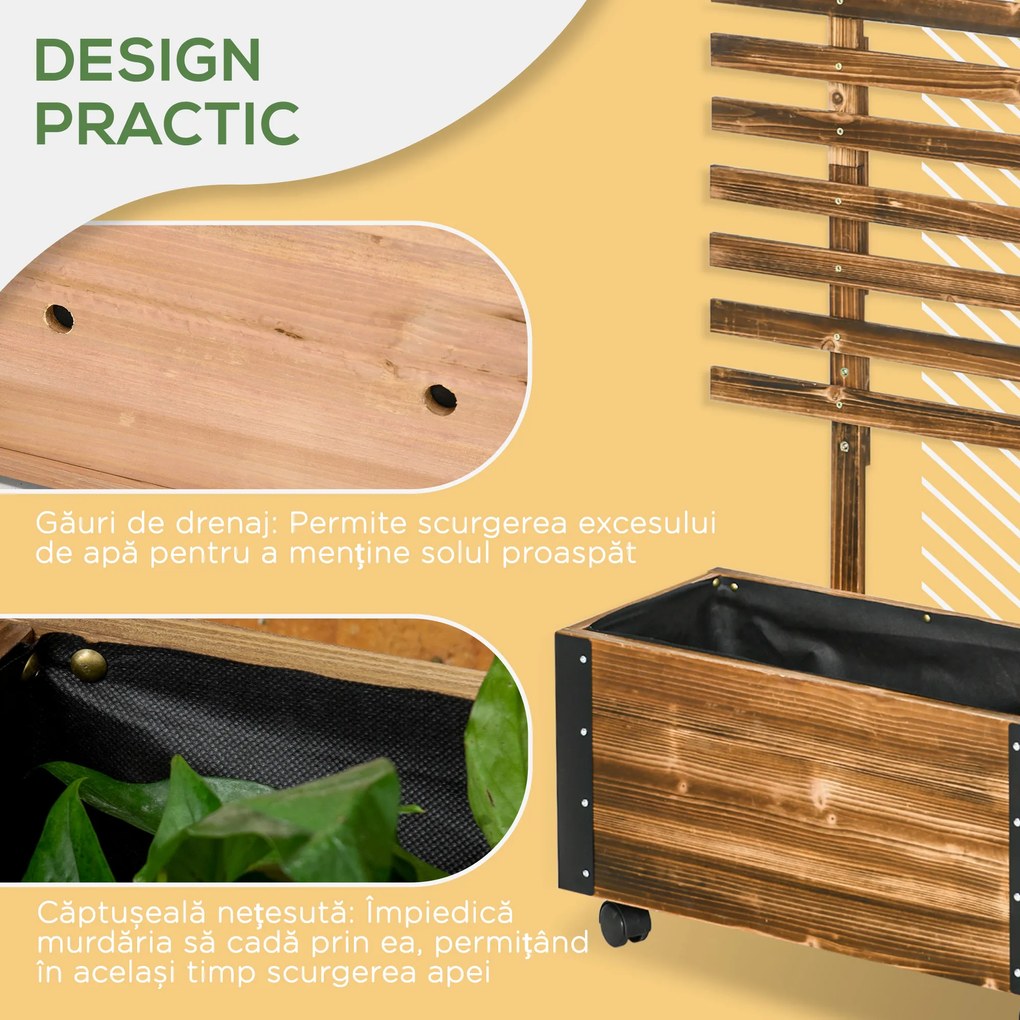 Outsunny Jardiniera cu Spalier pentru Plante Agatatoare si Roti, Jardiniera din Lemn de Brad cu Design Autodrenant, 65x31x147 cm, Maro Carbonizat