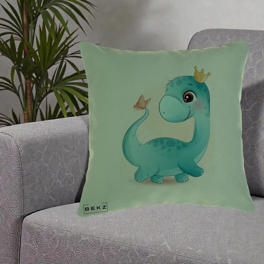 Perna Personalizata Dinozaur Bland Coroana Kawaii, 40x40 cm, Verde, Husa Detasabila, Perna Inclusa, BEKZ®