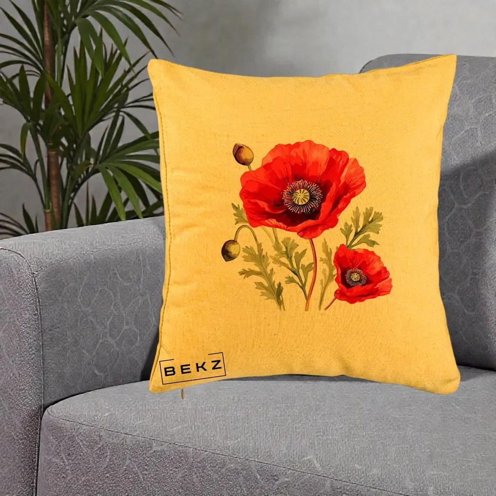Perna Decorativa Maci Rosii Acuarela, 40x40 cm, Galben, Husa Detasabila, Perna Inclusa, BEKZ®