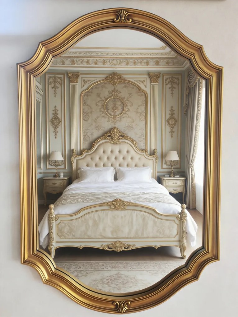 Oglindă decorativă de perete, ramă aurie antichizată, 60x90 cm