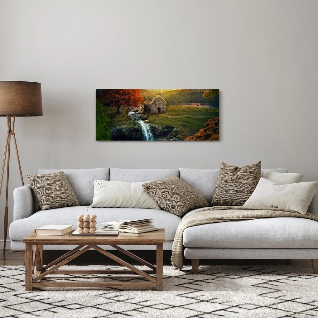 Tablou cu căbănuță în peisaj de poveste (120x50 cm)
