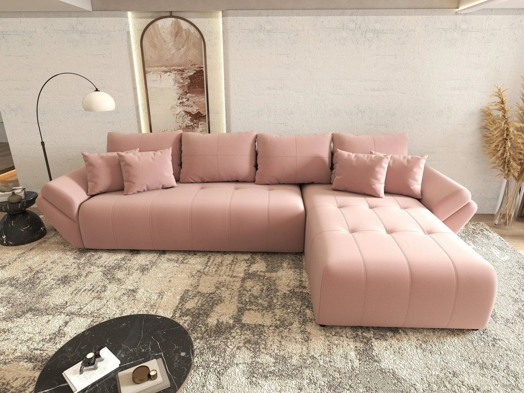 Colțar extensibil dumonde cu ladă de depozitare si sezut confortabil din spuma high-density, Berlin XL Royal Roz 350x185 cm II