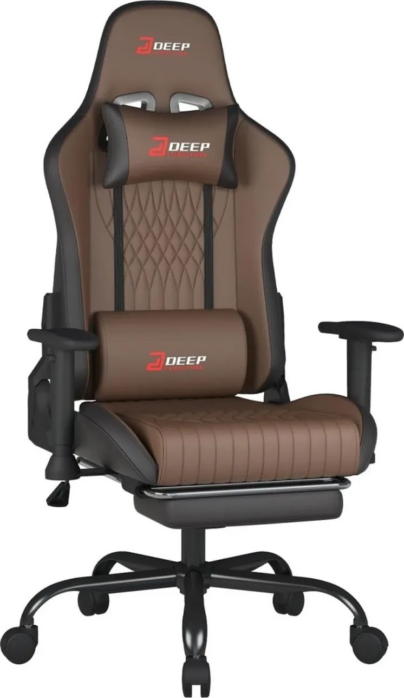 Scaun gaming, Pernă lombară cu Masaj vibrator, Suport pentru picioare, Cotiere 2D, piele PU, Maro