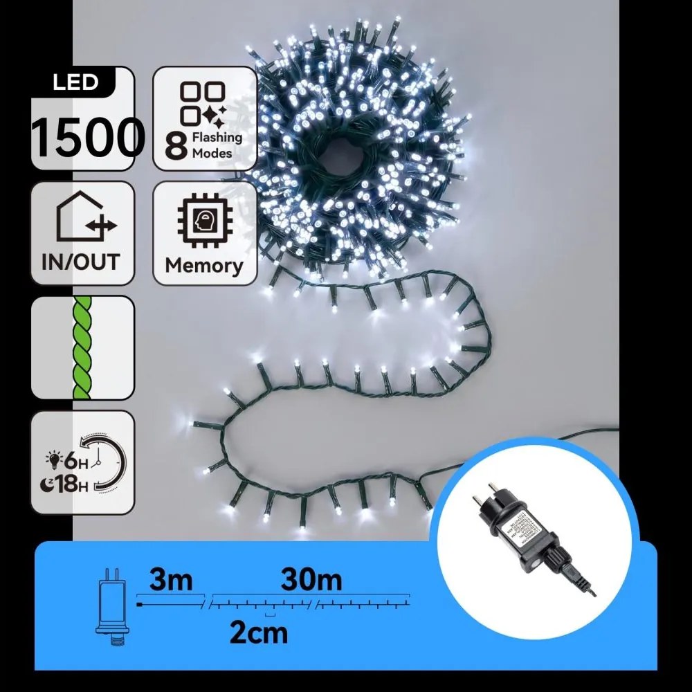 Aigostar - Ghirlandă LED de Crăciun pentru exterior 1500xLED/8 funcții 33m IP44 alb rece
