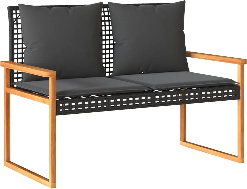 vidaXL Bancă de grădină cu pernă, negru, poliratan/lemn acacia