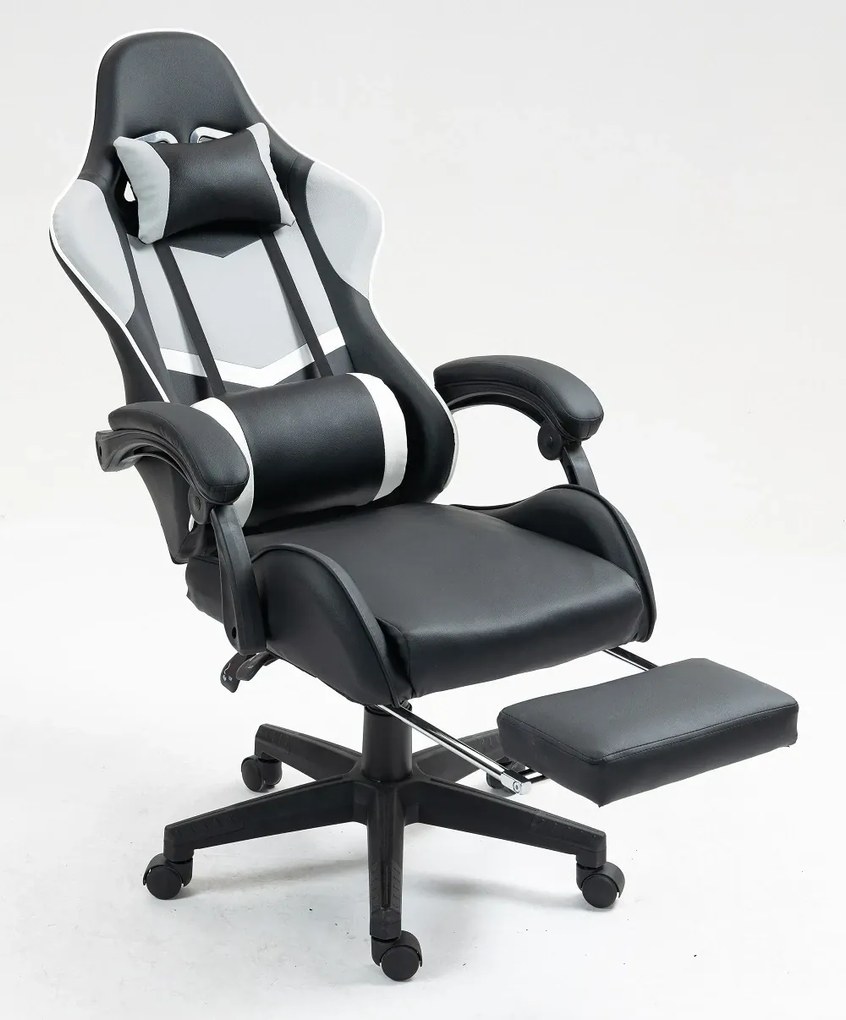 RESIGILAT- Scaun gaming, perne suport lombar si cervical, suport picioare, piele PU, Negru