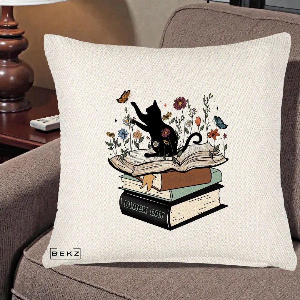 Perna Personalizata Pisica Neagra Carti Flori Fluturi, 40x40 cm, Crem Reliefat, Husa Detasabila, Perna Inclusa, BEKZ®