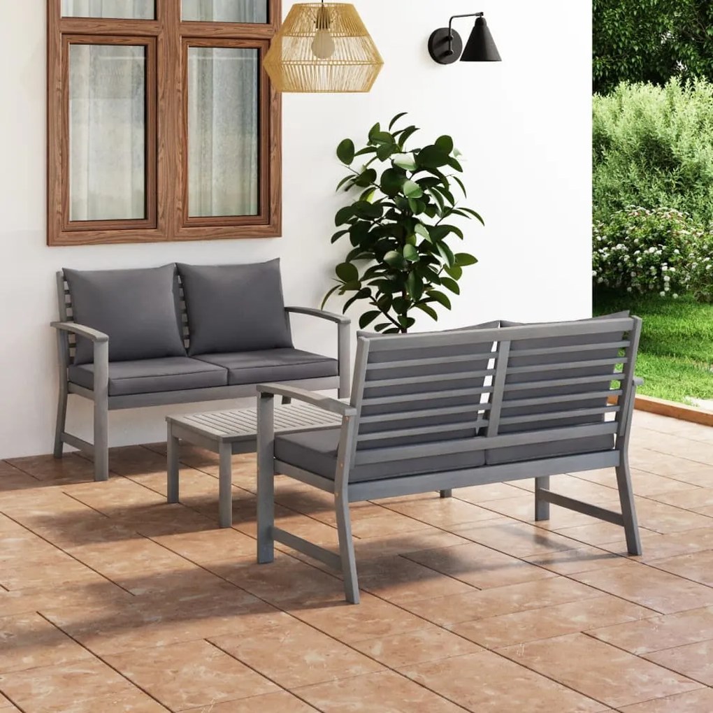 3057784 vidaXL Set mobilier grădină cu pernă, 3 piese, gri, lemn masiv acacia