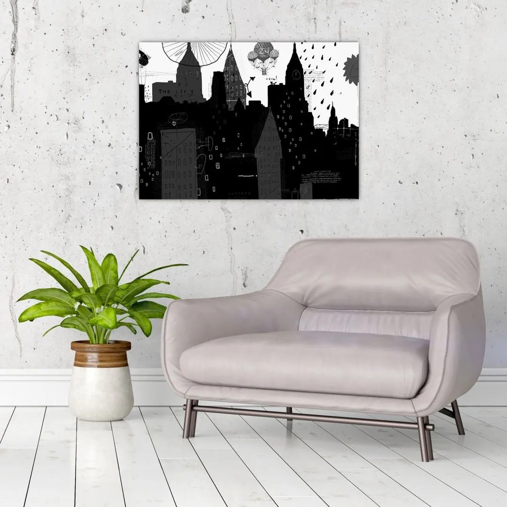 Tablou pe sticlă - Oraș cu inscripții și modele (70x50 cm)
