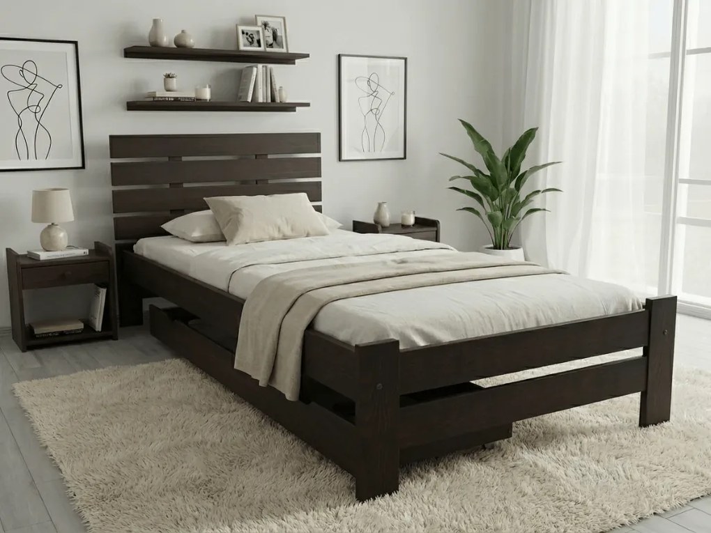 Pat de o persoana inalt Paris, nuc 90x200 cm Saltele: Cu saltele Coco Maxi 20 cm, Somiera pat: Cu lamele curbate