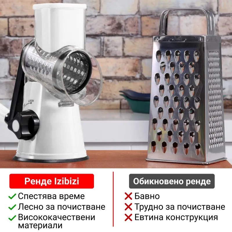 Razatoare cu manivela Izibizi PS-336A, 3 atasamente interschimbabile, Otel inoxidabil, Alb