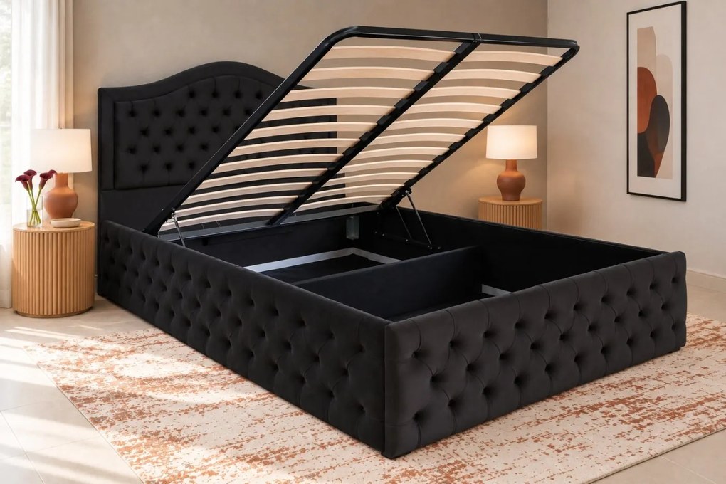 Pat tapițat Chesterfield din catifea Solaria Deluxe 200×200 cm, negru, cu ladă de depozitare