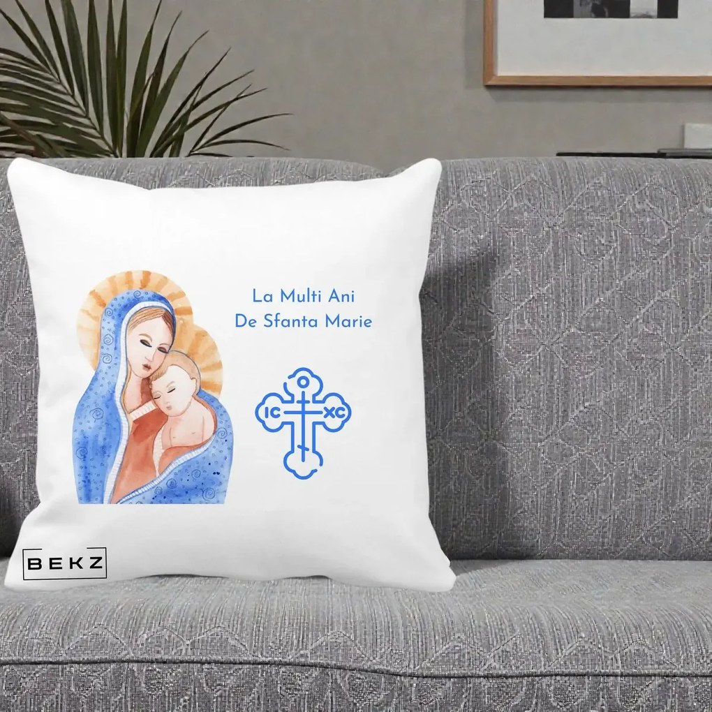 Cadou de Onomastica - Perna Personalizata Sfanta Marie Icoana Acuarela, 40x40 cm, Alba Mata, Husa Detasabila, Perna Inclusa, BEKZ®
