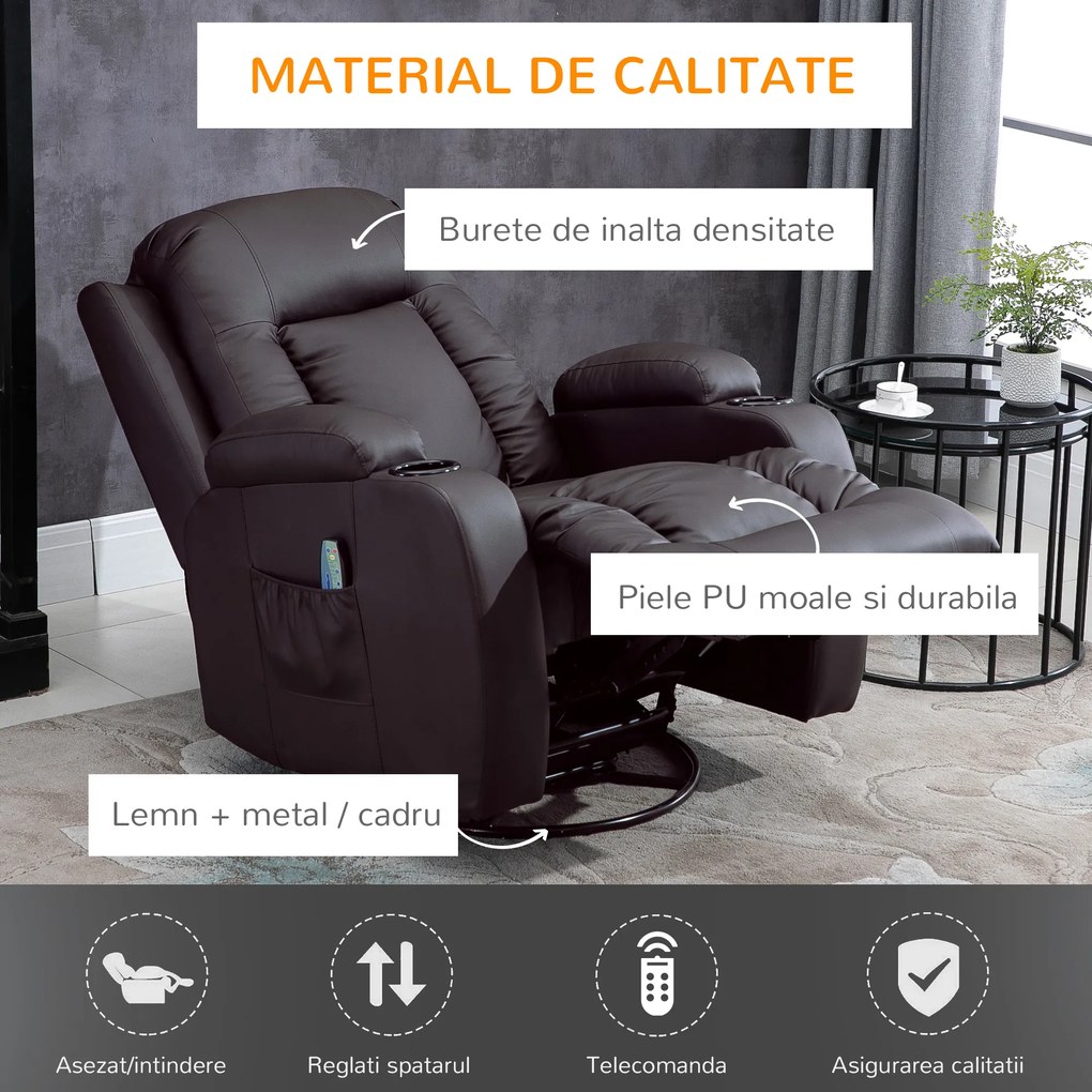 HOMCOM Fotoliu cu Masaj și Încălzire, Fotoliu Rabatabil din Piele Artificială cu 8 Puncte de Masaj și Telecomandă, 85x94x104 cm, Maro | Aosom Romania