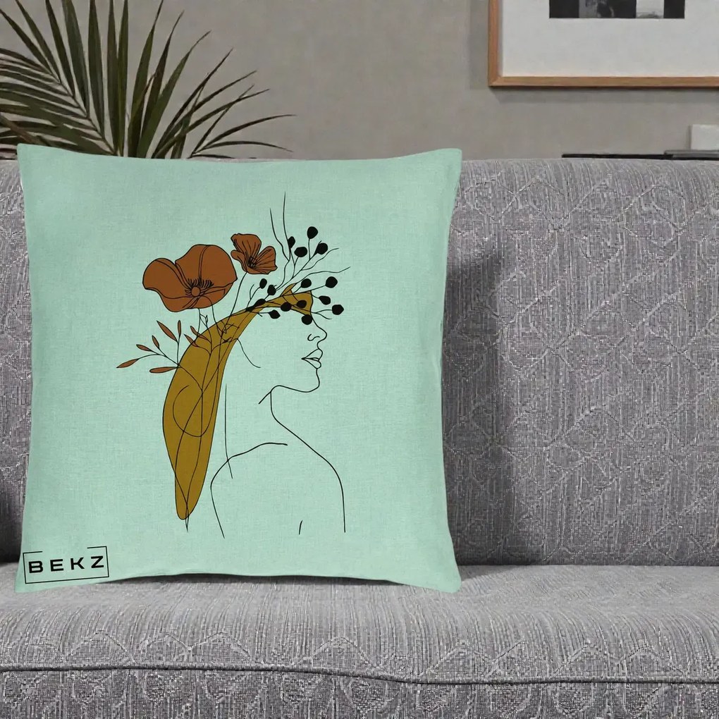 Perna Decorativa Portret Feminin Maci Rosii Auriu, 40x40 cm, Verde Menta, Husa Detasabila, Perna Inclusa, BEKZ®