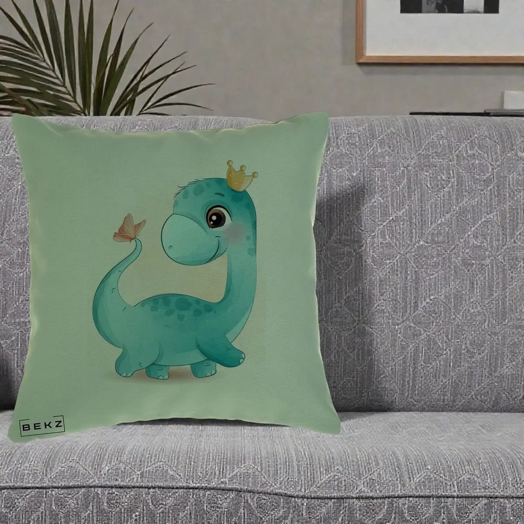 Perna Personalizata Dinozaur Bland Coroana Kawaii, 40x40 cm, Verde, Husa Detasabila, Perna Inclusa, BEKZ®