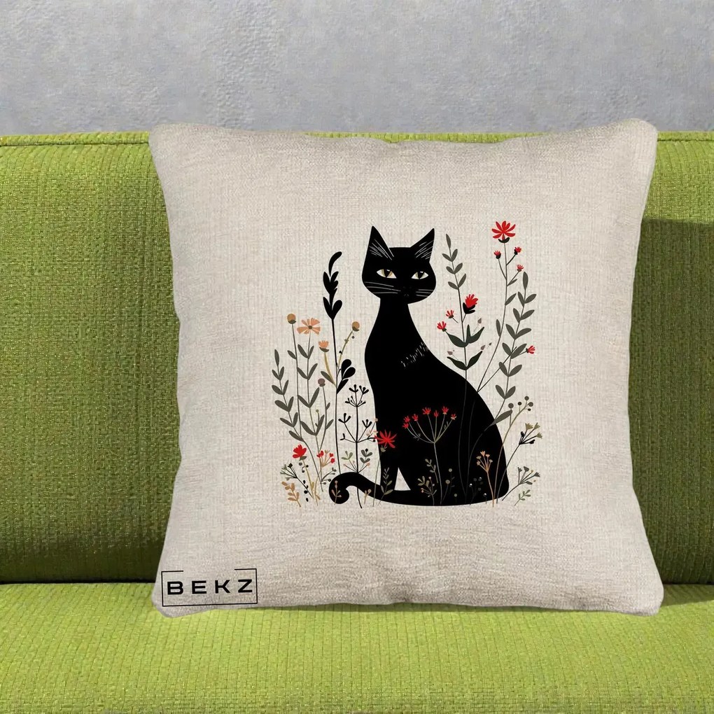 Perna Decorativa Pisica Neagra Botanica Rosu-Gri, 40x40 cm, Bej Canapea, Husa Detasabila, Perna Inclusa, BEKZ®