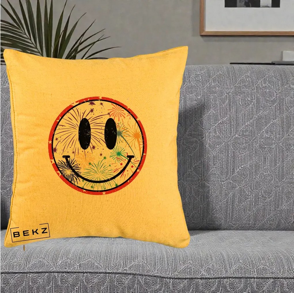 Perna decorativa Smiley Face cu Artificii Multicolore, 40x40 cm cu Umplutura, Galben, BEKZ