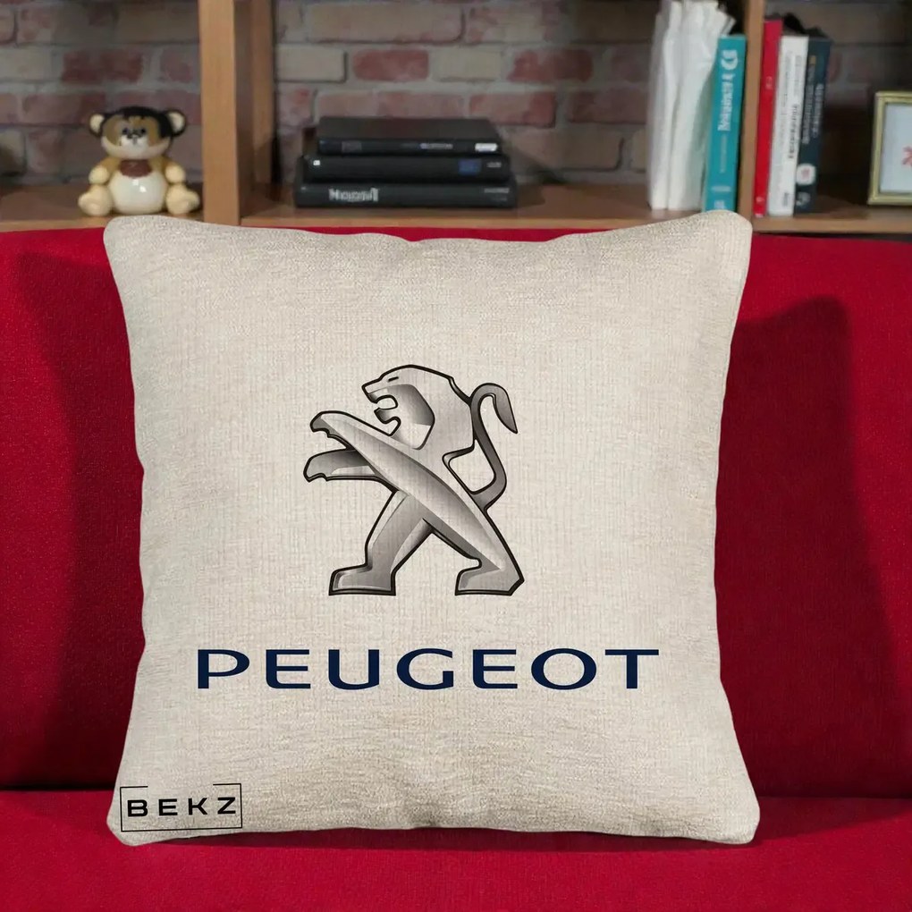 Perna Personalizata cu emblema Peugeot, 40x40 cm, Bej Canapea, Husa Detasabila, Perna Inclusa, BEKZ®