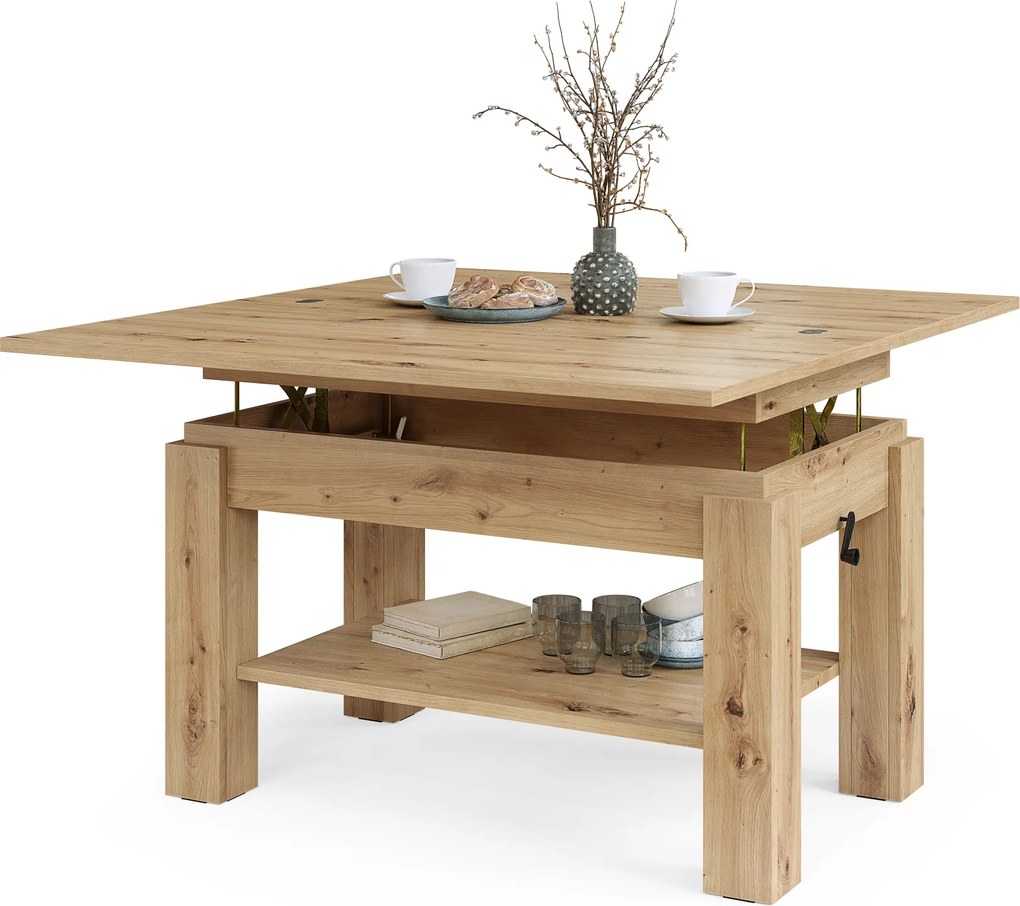 Mazzoni BRAWO Stejar Artisan - MĂSUȚĂ DE CAFEA CU BLAT EXTENSIBIL ȘI RIDICABIL MASĂ CU RAFT