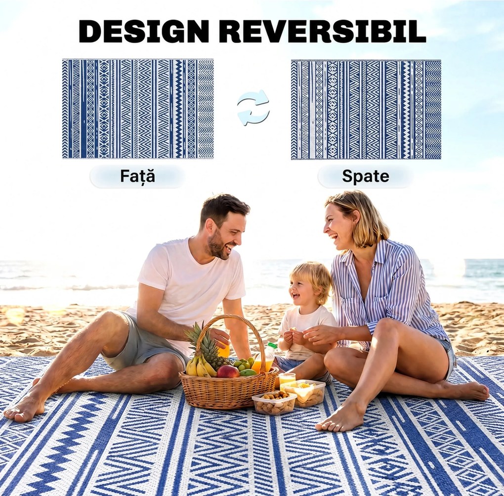 Outsunny Covor pentru Exterior 182x274 cm Reversibil, Covor Pliabil din Polipropilen 310 g/m² Albastru si Alb | Aosom Romania