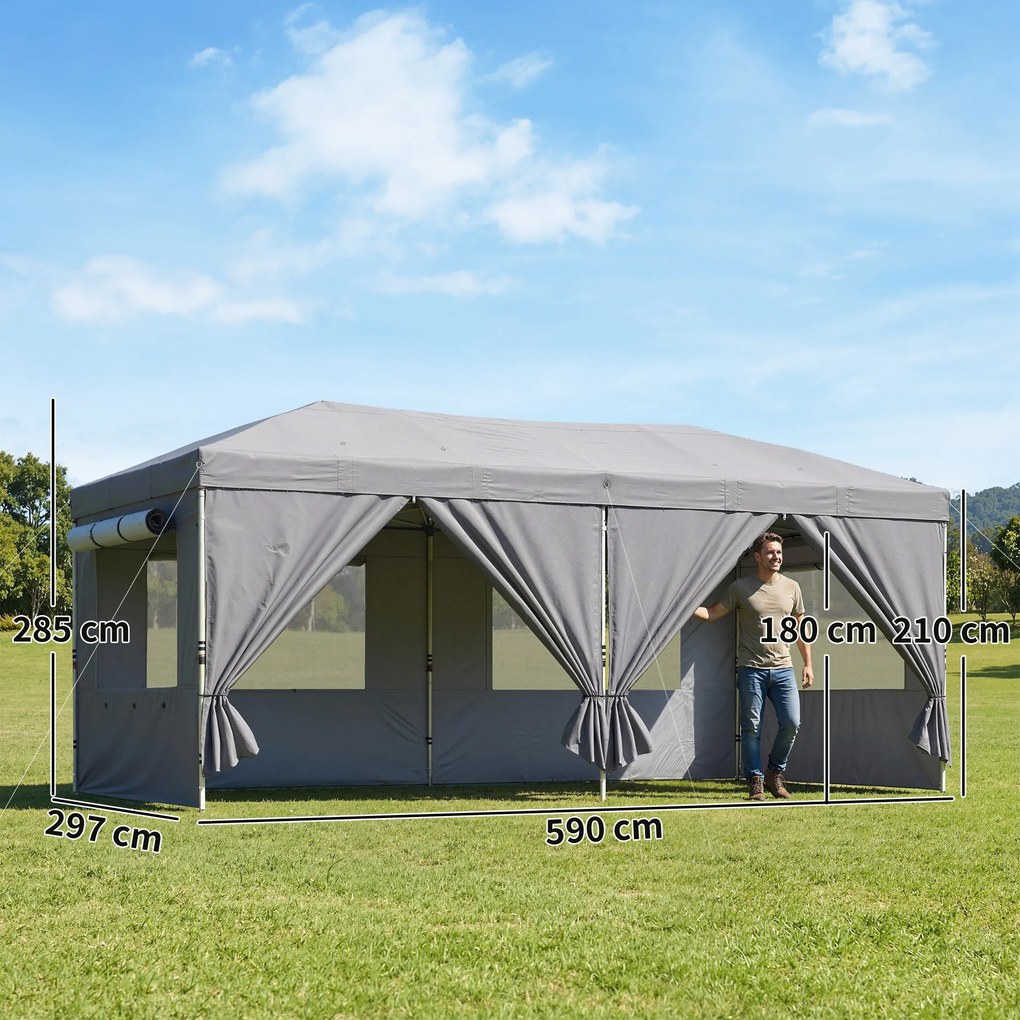 Outsunny Foișor Pliabil 3x6m Pop-Up cu 6 Pereți Laterali, Foișor de Grădină Reglabil pe Înălțime cu Saci de Nisip, Geantă cu Roți, UV50+ pentru Exterior, Gri Închis | Aosom Romania