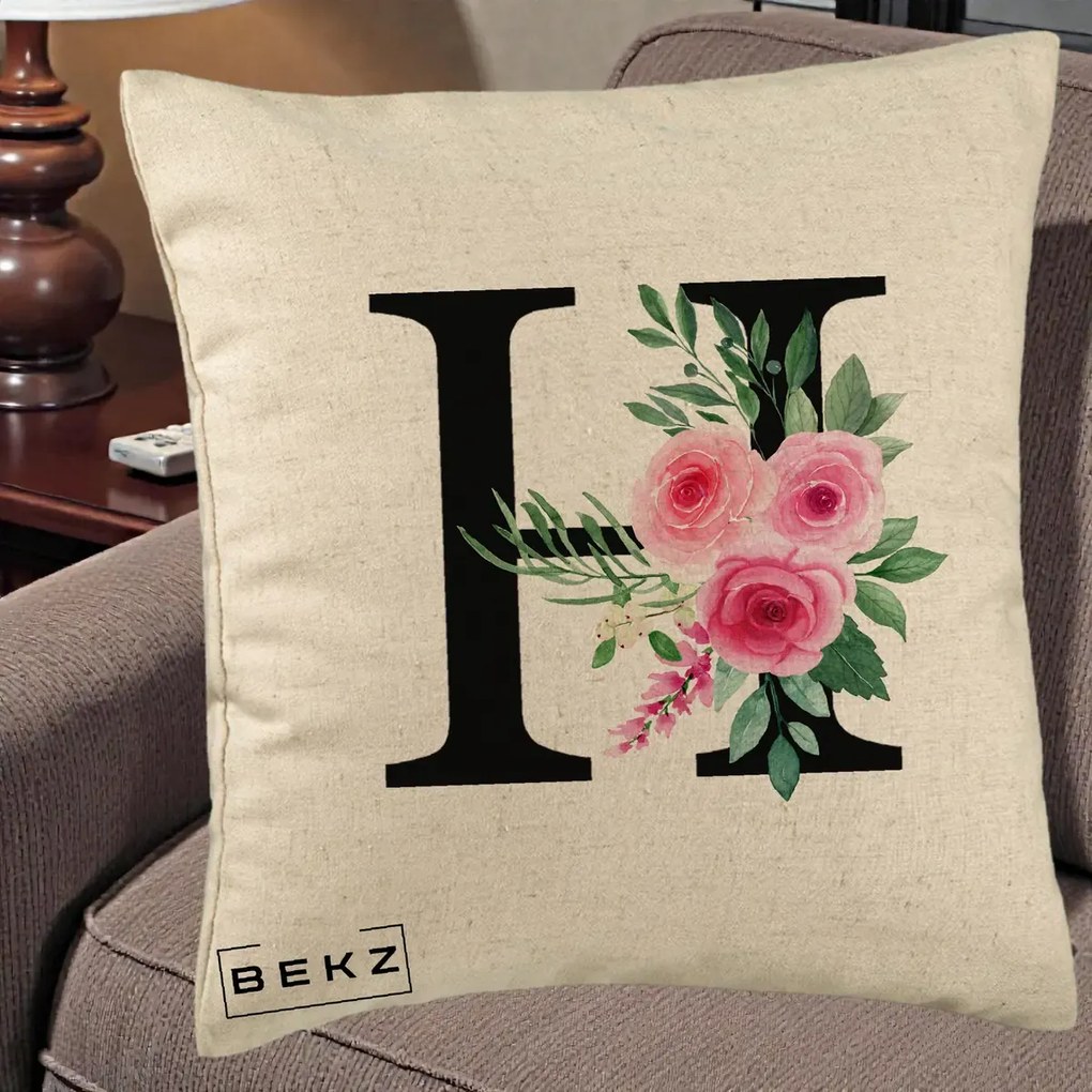 Cadou Personalizat - Perna Personalizata Monograma Florala Litera H cu Trandafiri Roz, 40x40 cm, Bej, Husa Detasabila, Perna Inclusa, BEKZ®