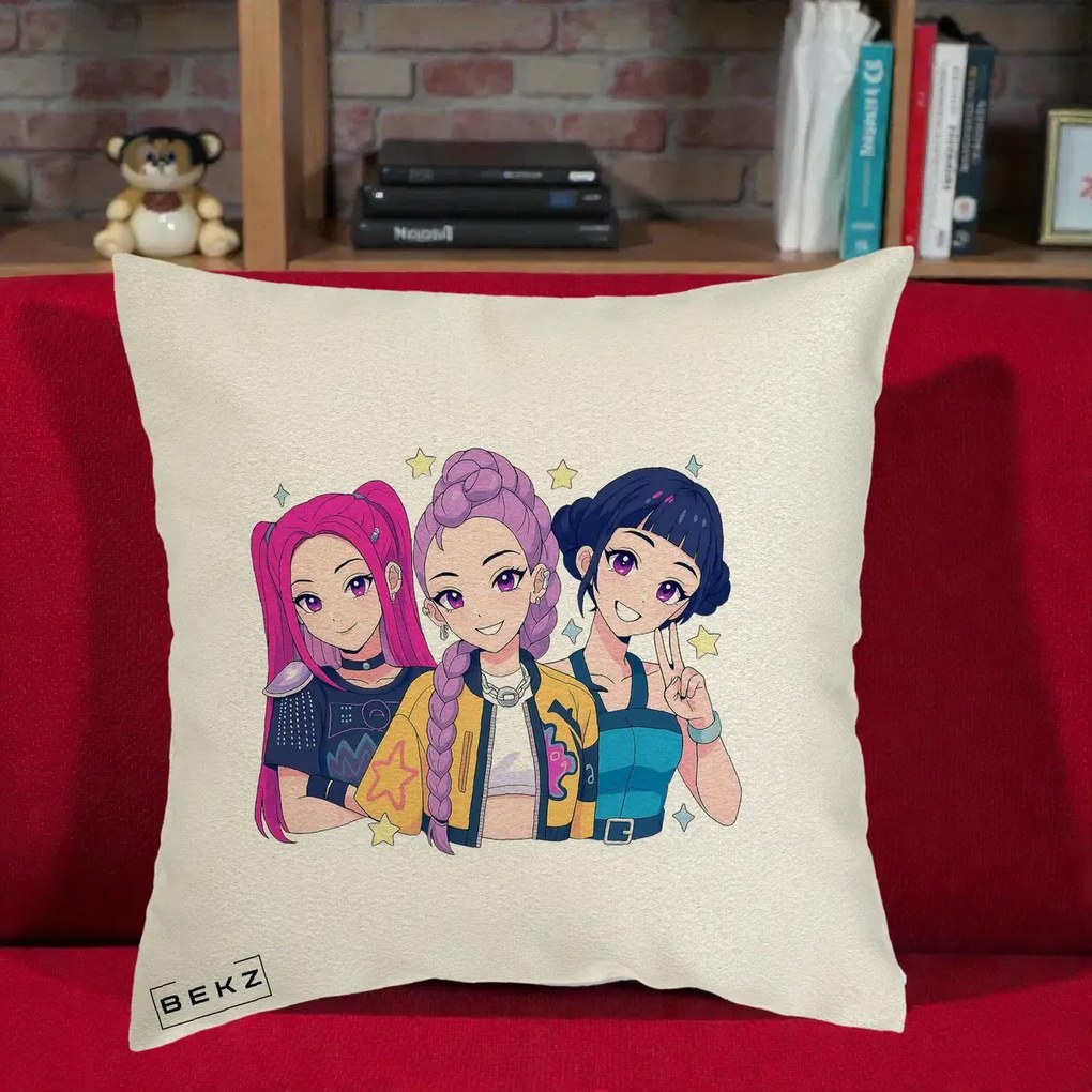 Perna Personalizata K-pop HUNTRX Trio Anime Stele, 40x40 cm, Ecru, Husa Detasabila, Perna Inclusa, BEKZ®