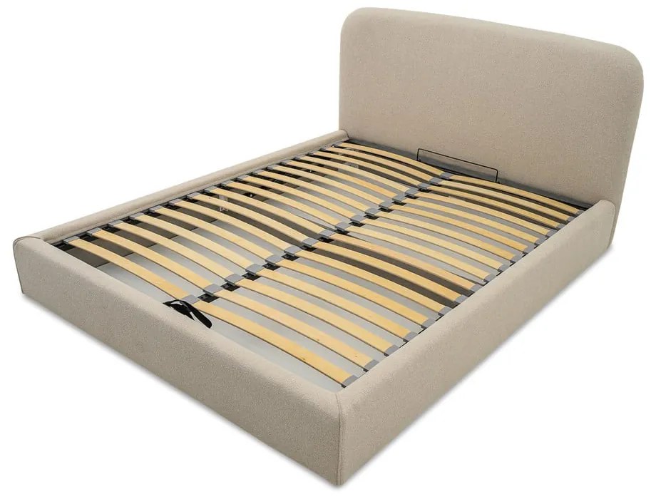 Pat matrimonial bej tapițat cu spațiu de depozitare cu somieră 140x190 cm Sea – Scandic