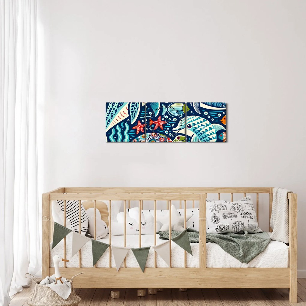 Tablou – Animale acvatice desenate (cu ceas) (90x30 cm)