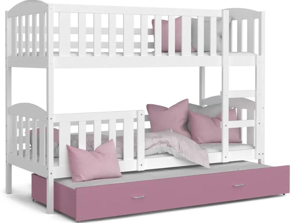 Expedo Pat supraetajat copii cu pat suplimentar KUBA 3 COLOR + saltea + somieră GRATIS, 190x80, alb/roz