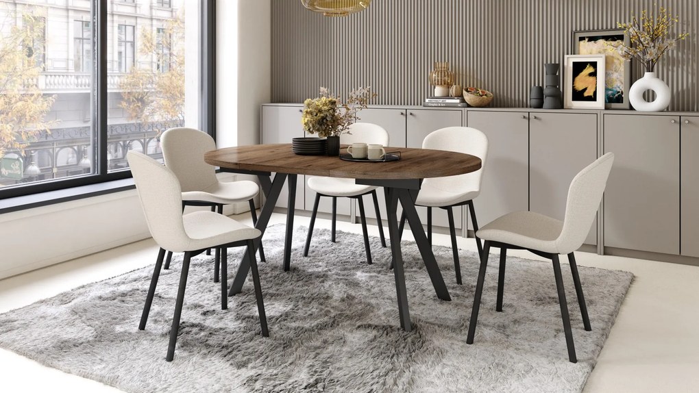 Mazzoni ALMO Nuc Elegant/picioare negre - MASĂ ROTUNDĂ EXTENSIBILĂ CU PICIOARE ÎN FORMĂ DE Y STIL LOFT PENTRU SALON/SUFRAGERIE