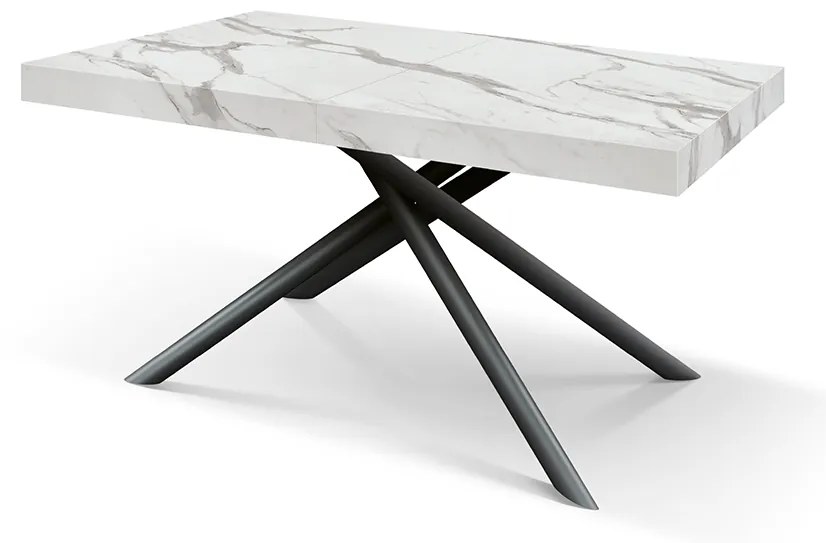 Masa extensibila Menego, blat ALB MARMORAT - 160 cm / 90 cm / h 77 - NEGRU