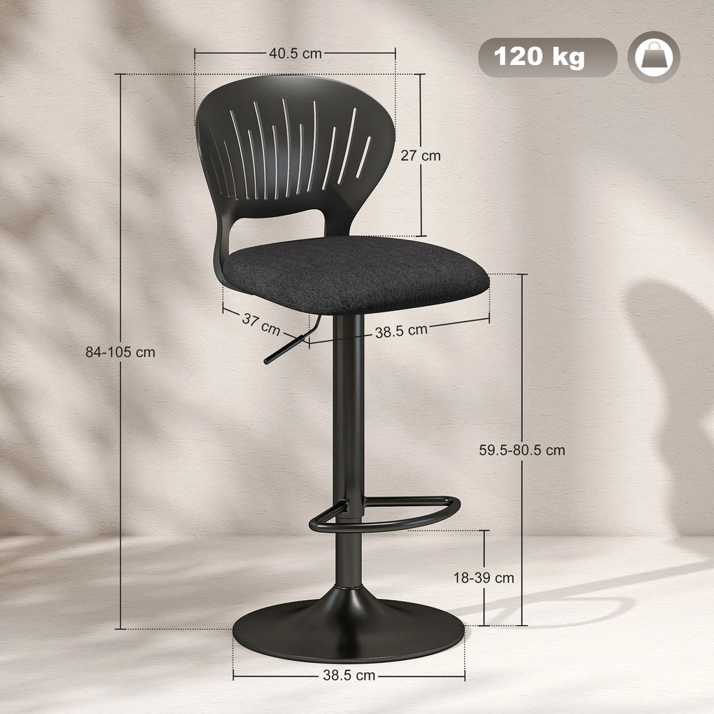 Set HOMCOM de 2 Scaune de Bar Reglabile, Scaune de Bucătărie Înalte din Țesătură Tip In cu Spătar, Suport pentru Picioare și Scaun Moale, Structură din Metal, Scaune de Bar Rotative la 360°, Negru | Aosom Romania