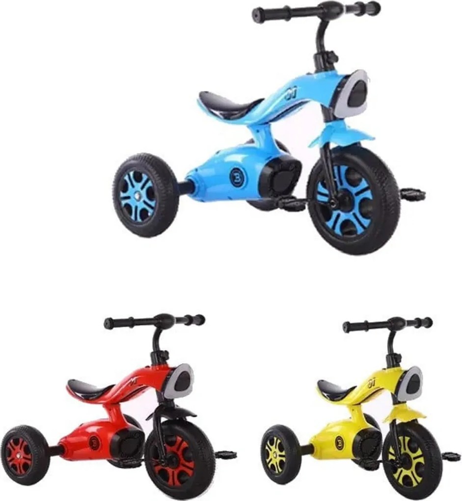 Tricicleta cu pedale NOVOKIDS™ Space Trike, Cu melodii si lumini, Max 30 kg, Roti din spuma cauciucata EVA, Cadru metalic, Model motocicleta, Albastru