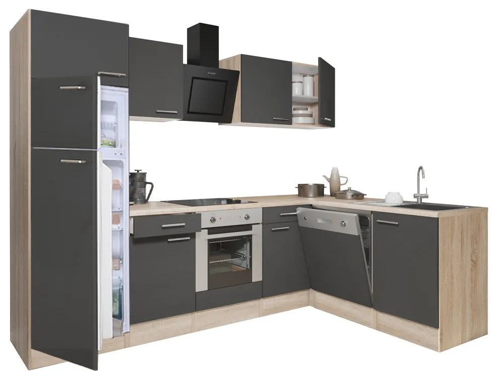 Mobilă de bucătărie de colț Yorki 280, corp din stejar sonoma, față antracit satinat, element cuptor inferior, frigider congelator superior