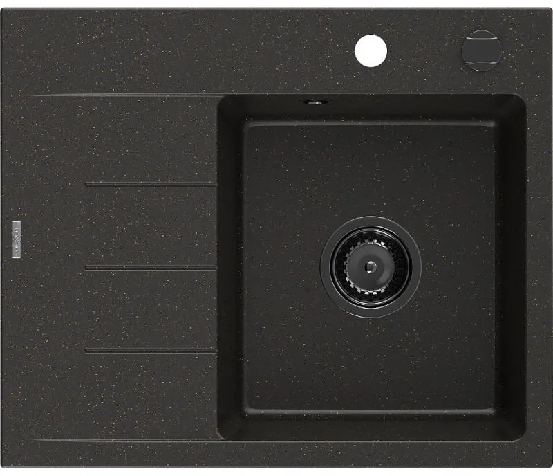 Mexen Ben chiuvetă de granit cu 1 compartiment și picurător, dreapta 600 x 500 mm, negru/auriu metalizat sifon negru