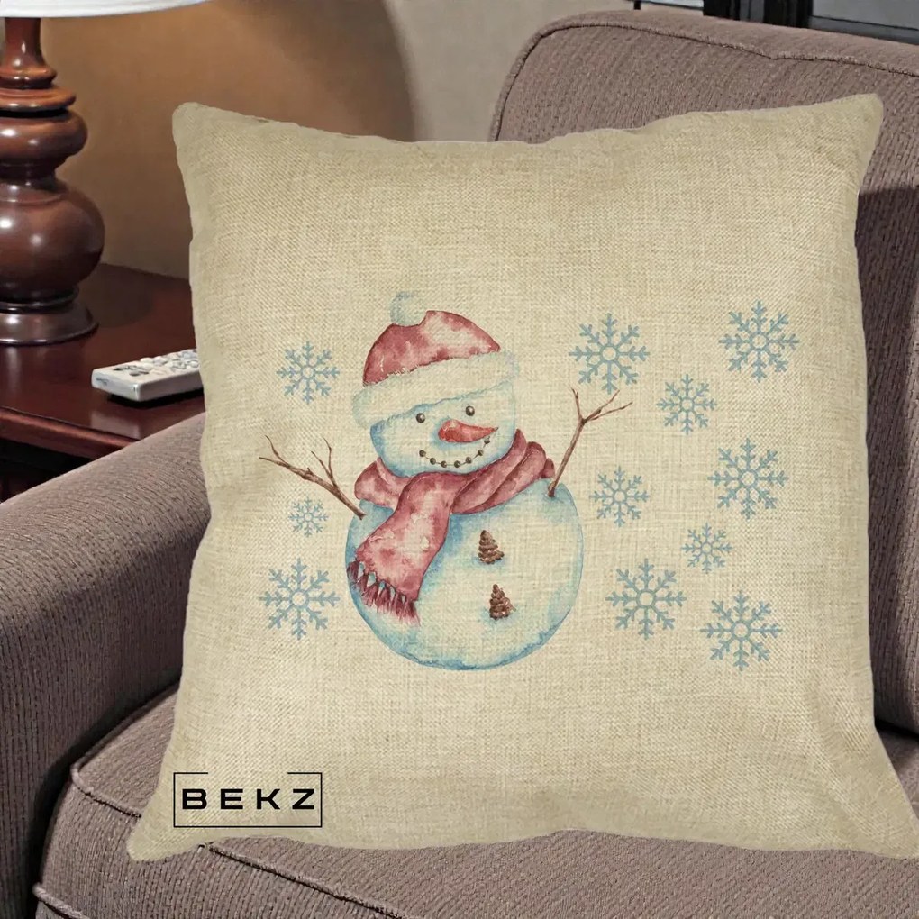Perna Decorativa Om de Zapada Rosu cu Fulgi, 40x40 cm, Crem, Husa Detasabila, Perna Inclusa, BEKZ®