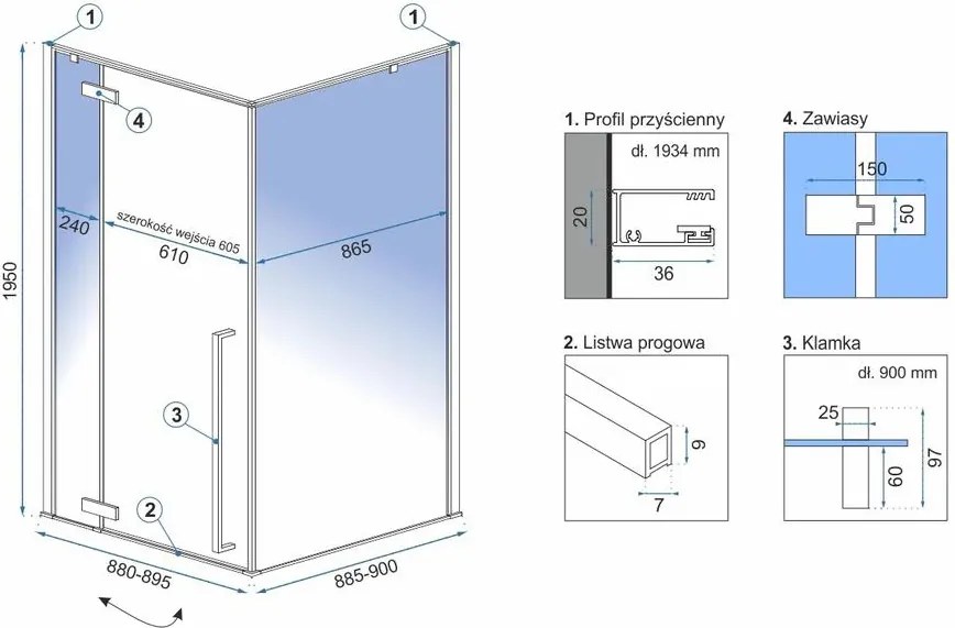 Cabina de dus Fargo cu cadita alba 90x90 cm auriu