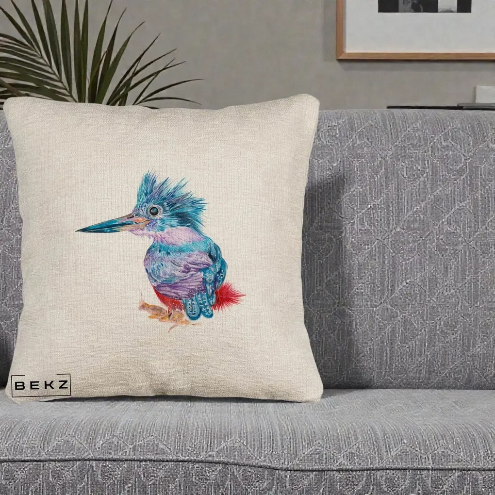 Perna Decorativa Pasare Martin Pescar Acuarela Albastru-Mov, 40x40 cm, Bej Canapea, Husa Detasabila, Perna Inclusa, BEKZ®